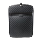 Black Louis Vuitton Pegase 55 travel bag in Damier Graphite checkered canvas with leather trim, silver-tone zippers and a front zip pocket.