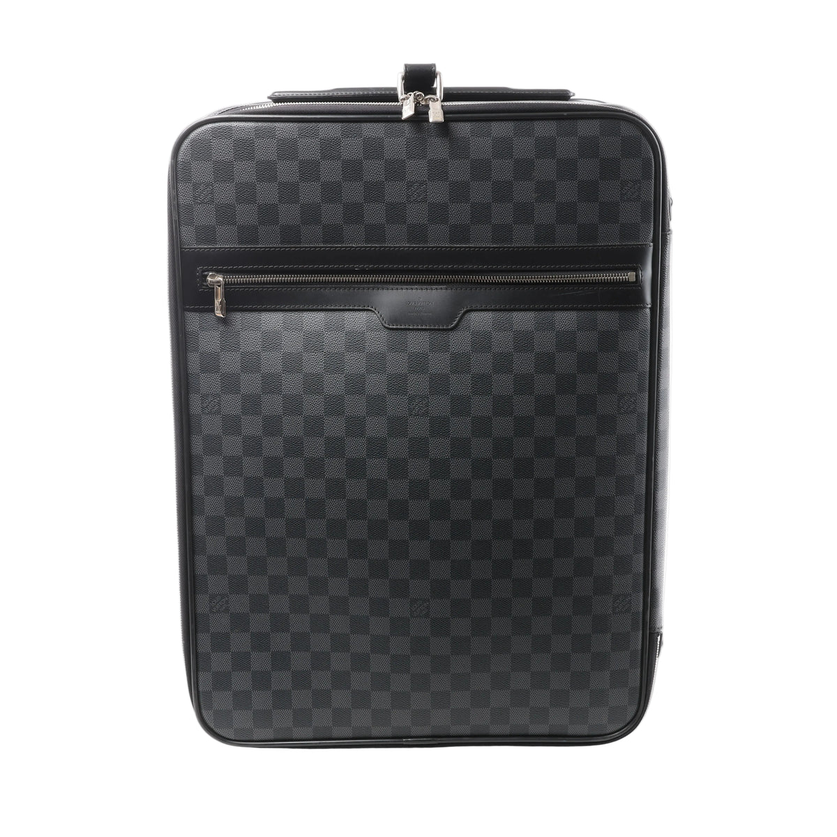 Black Louis Vuitton Pegase 55 travel bag in Damier Graphite checkered canvas with leather trim, silver-tone zippers and a front zip pocket.