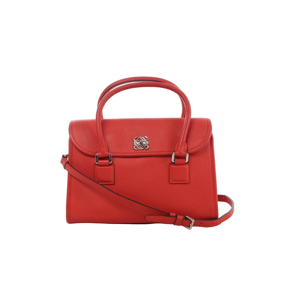 Orange LOEWE Alamo 28 pebbled leather handbag with rounded top handles, shoulder strap, flap closure and silver-tone Anagram logo hardware.
