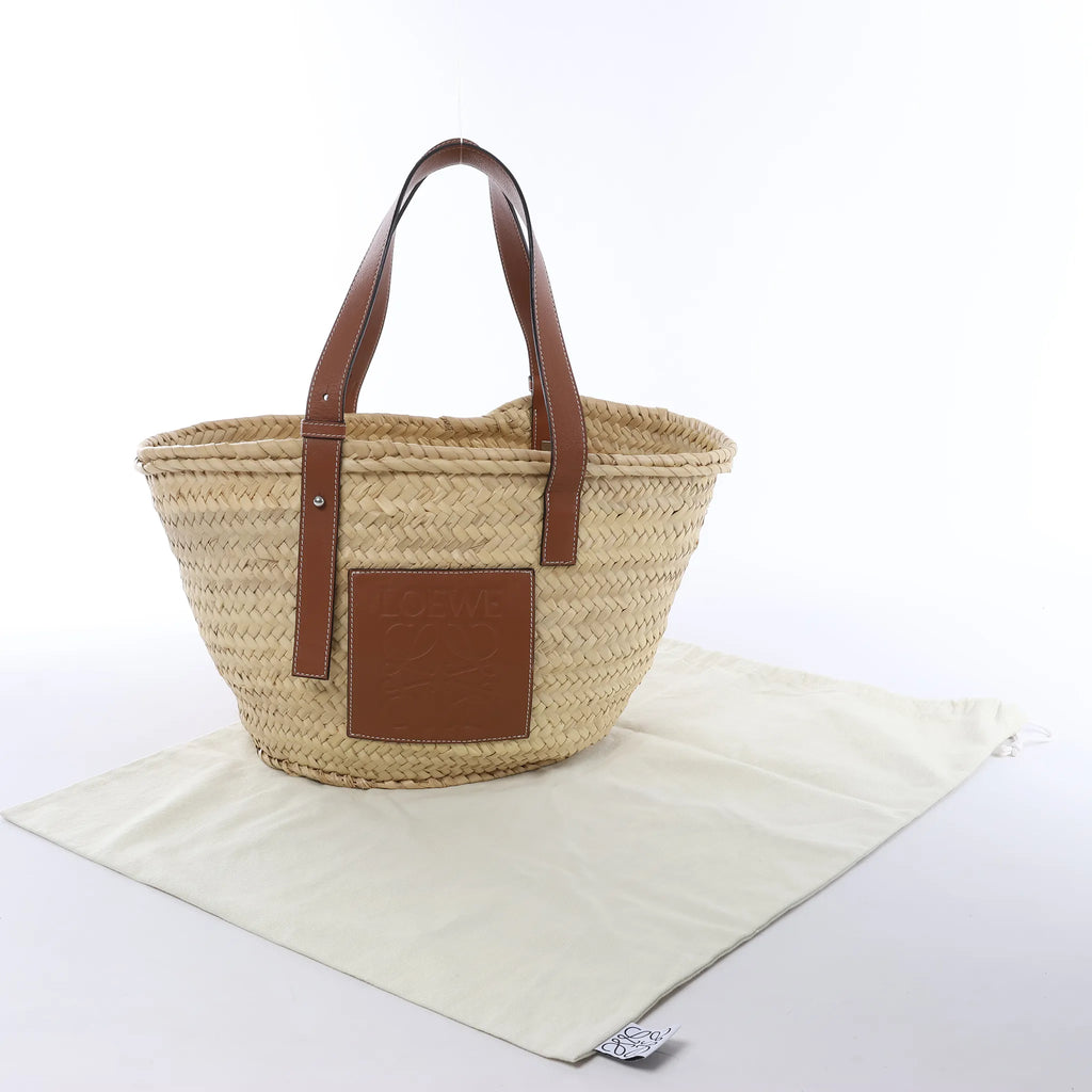 LOEWE Basket Large Raffia x Leather Handbag in Beige x Brown