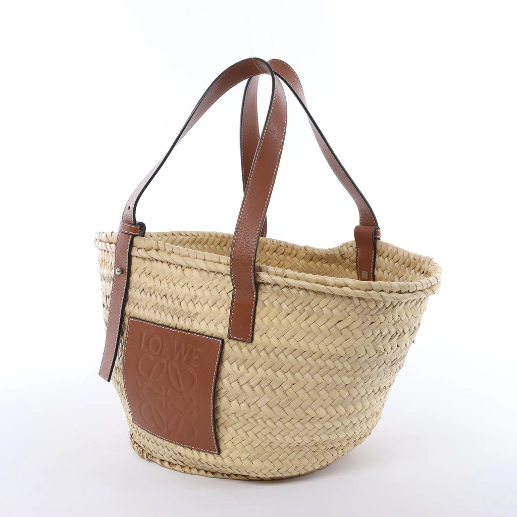 LOEWE Basket Large Raffia x Leather Handbag in Beige x Brown