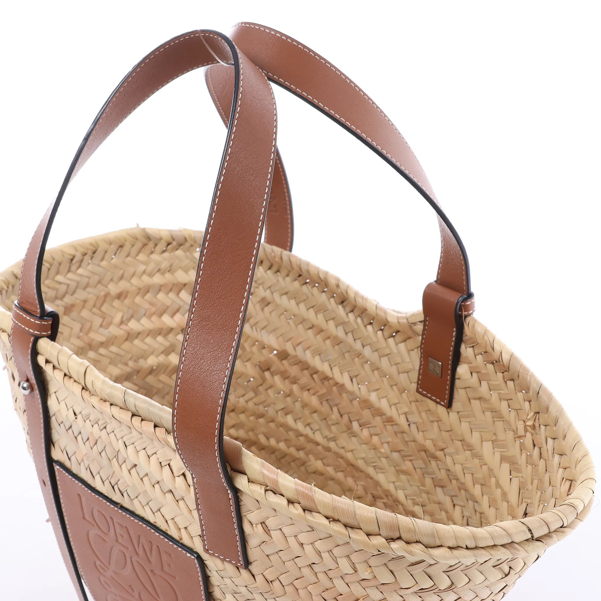 LOEWE Basket Medium Raffia x Leather Handbag in Beige x Brown