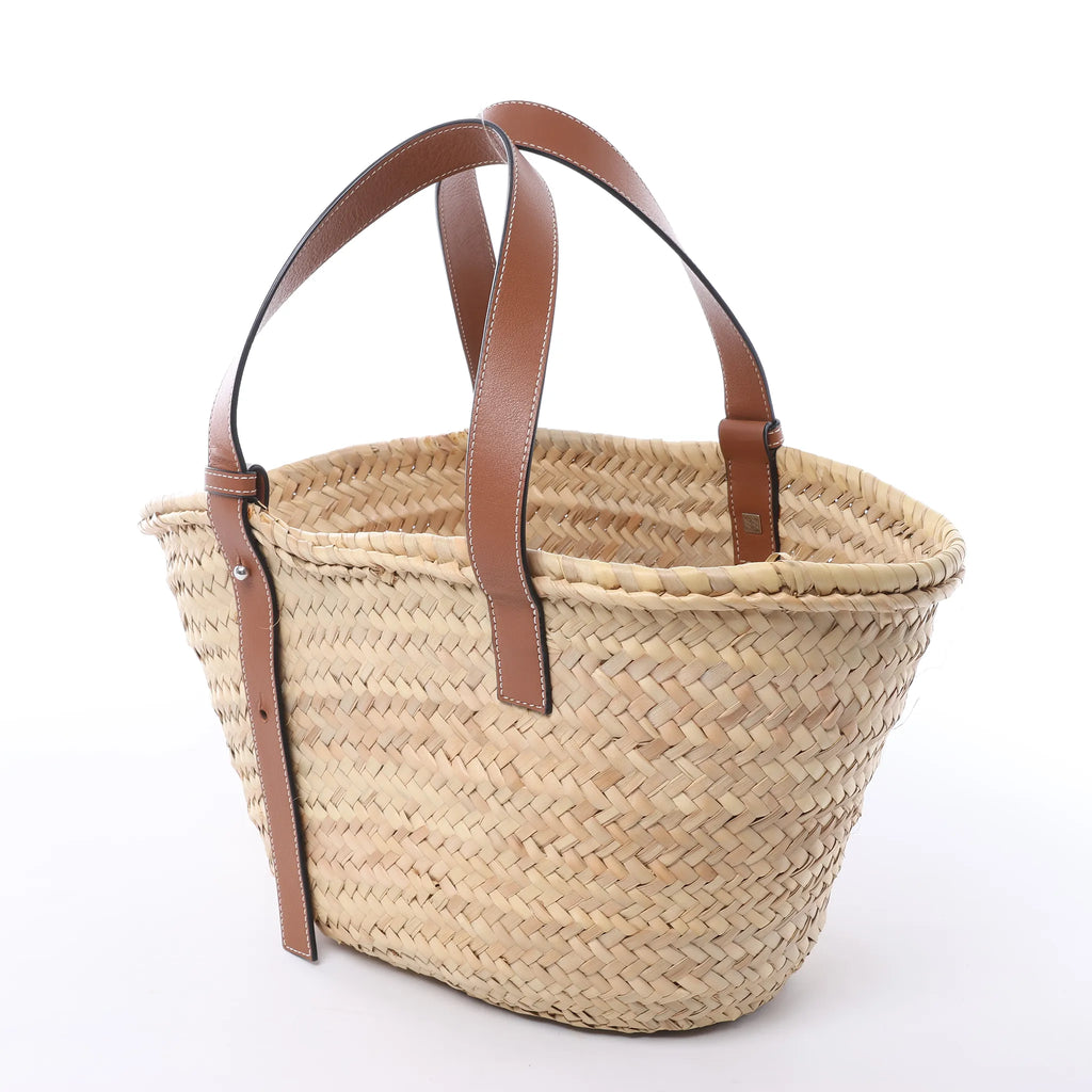 LOEWE Basket Medium Raffia x Leather Handbag in Beige x Brown