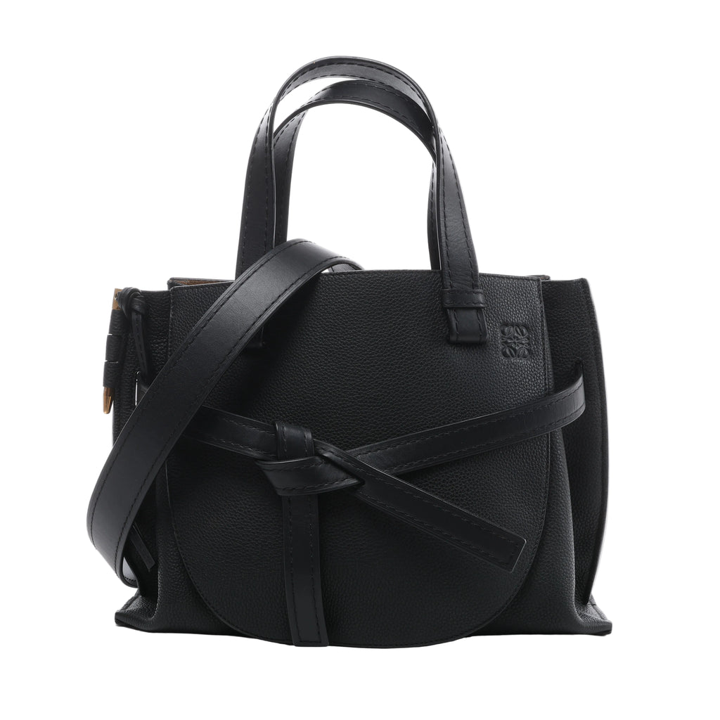 Black Loewe Gate Top Handle leather handbag with double top handles, wide shoulder strap, front knotted leather detail and embossed Anagram logo.