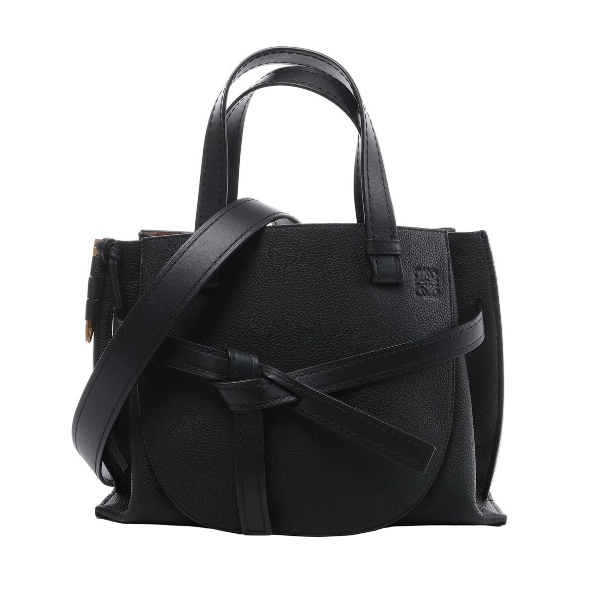 Black Loewe Gate Top Handle leather handbag with double top handles, wide shoulder strap, front knotted leather detail and embossed Anagram logo.