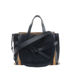 LOEWE Gate Top Handle handbag in black leather with tan canvas side panels, top handles, knotted front strap and detachable shoulder strap.