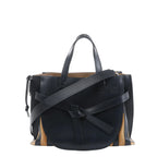 LOEWE Gate Top Handle handbag in black leather with tan canvas side panels, top handles, knotted front strap and detachable shoulder strap.