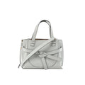 LOEWE Gate Mini Top Handle bag in gray leather with knotted belt detail, dual top handles, and a detachable shoulder strap on a white background.