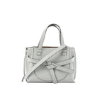 LOEWE Gate Mini Top Handle bag in gray leather with knotted belt detail, dual top handles, and a detachable shoulder strap on a white background.