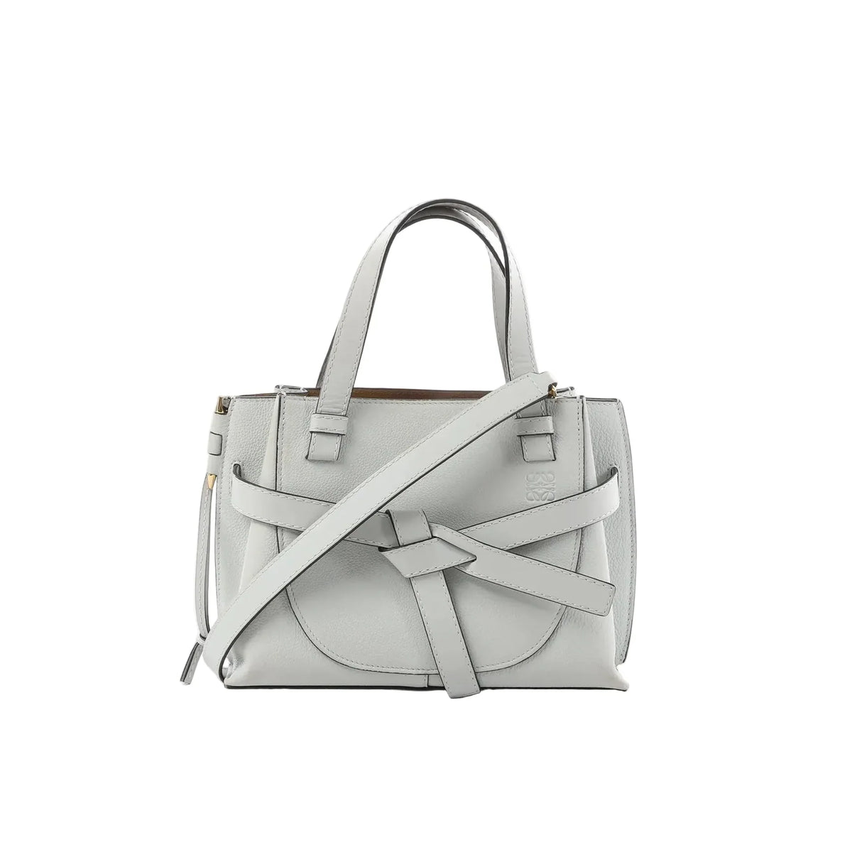LOEWE Gate Mini Top Handle bag in gray leather with knotted belt detail, dual top handles, and a detachable shoulder strap on a white background.