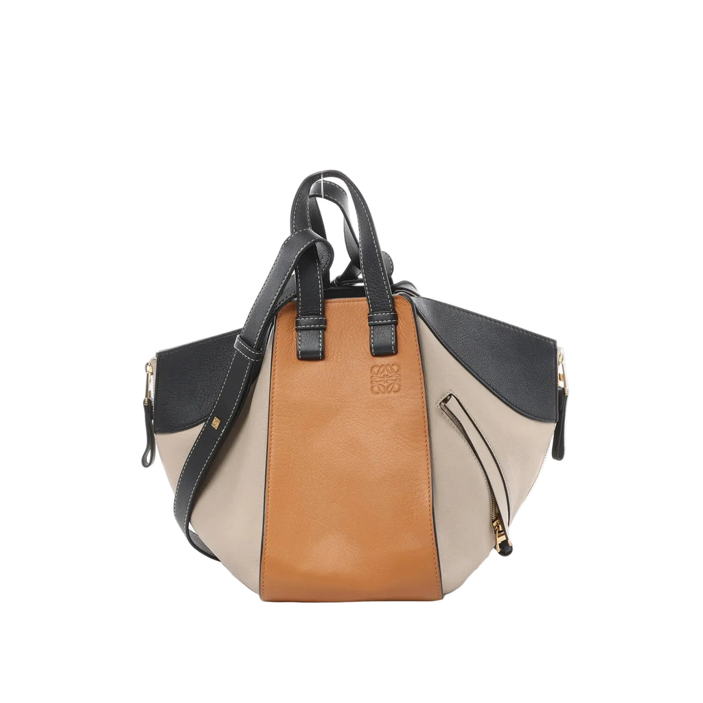 LOEWE Hammock Small tri-color leather handbag in orange, black, and beige with top handles, detachable shoulder strap, gold-tone hardware, and exterior zip pocket