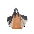 LOEWE Hammock Small tri-color leather handbag in orange, black, and beige with top handles, detachable shoulder strap, gold-tone hardware, and exterior zip pocket