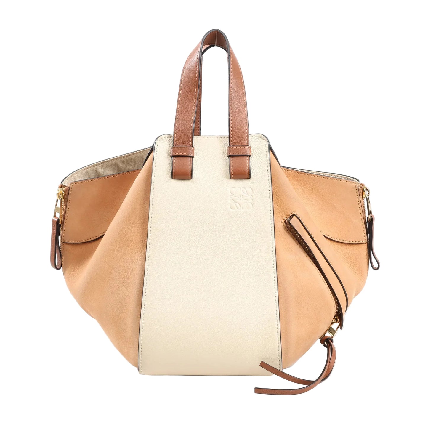 LOEWE Hammock Small Handbag in beige and brown leather with dual top handles, side zippers, gold-tone hardware, and sculptural expandable design against a white background.
