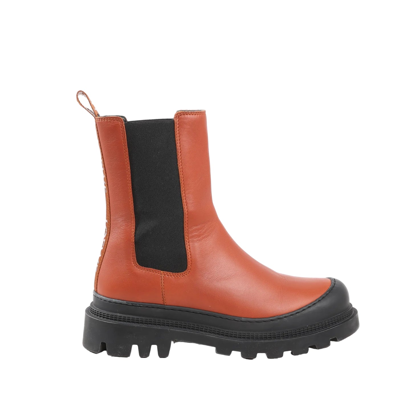 Loewe Chelsea ankle boots in brown leather with black elastic side panels, chunky black rubber sole, and rear pull tab.