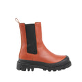 Loewe Chelsea ankle boots in brown leather with black elastic side panels, chunky black rubber sole, and rear pull tab.