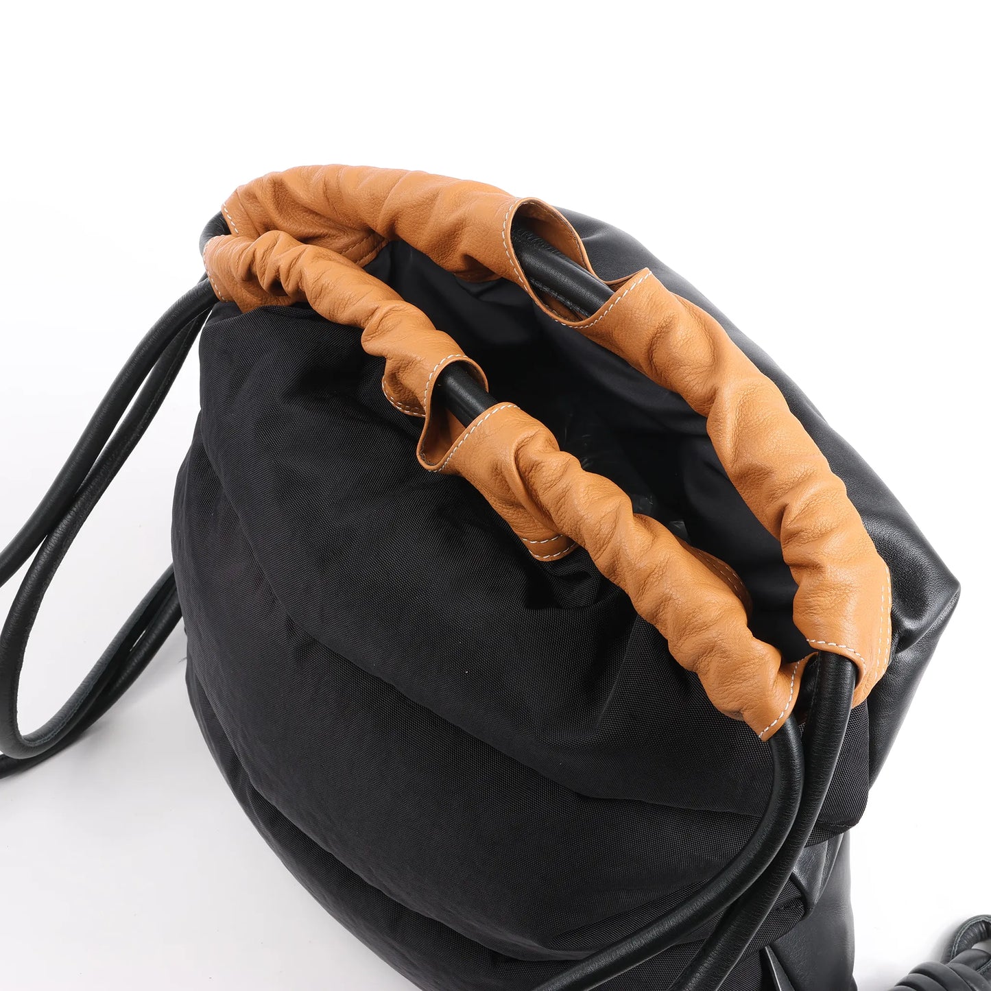 LOEWE Puffy Yago Leather x Nylon Backpack in Black x Brown