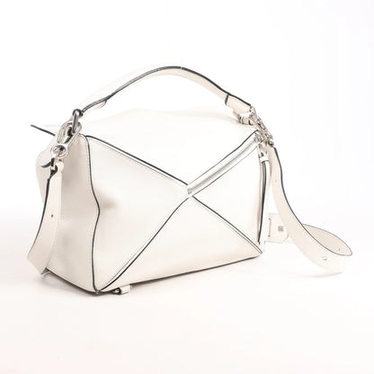 LOEWE Puzzle Medium Leather 2Way Handbag in White