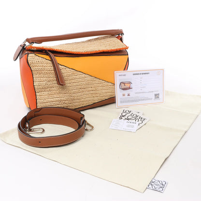 LOEWE Puzzle Medium Raffa x Leather 2Way Handbag in Orange x Brown x Beige