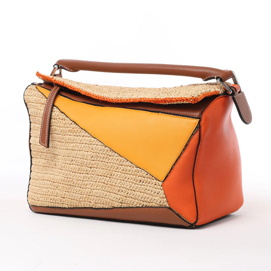 Sac à main LOEWE Puzzle Medium en cuir Raffa et cuir, double compartiment, orange, marron et beige