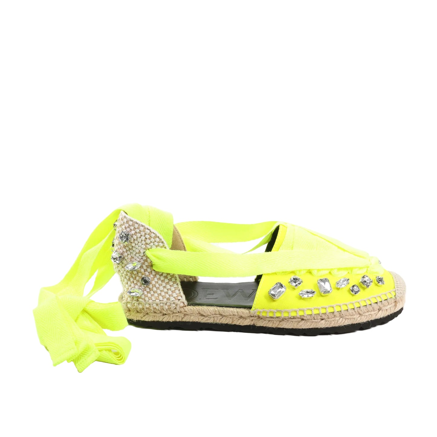 Loewe STARMARK Bijou fabric sandals in vibrant yellow with ribbon ankle straps, crystal embellishments, and woven jute soles, shown in side profile.