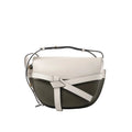LOEWE Gate Small crossbody bag in white and olive green leather with front knotted belt detail and shoulder strap on a white background.