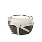 LOEWE Gate Small crossbody bag in white and olive green leather with front knotted belt detail and shoulder strap on a white background.