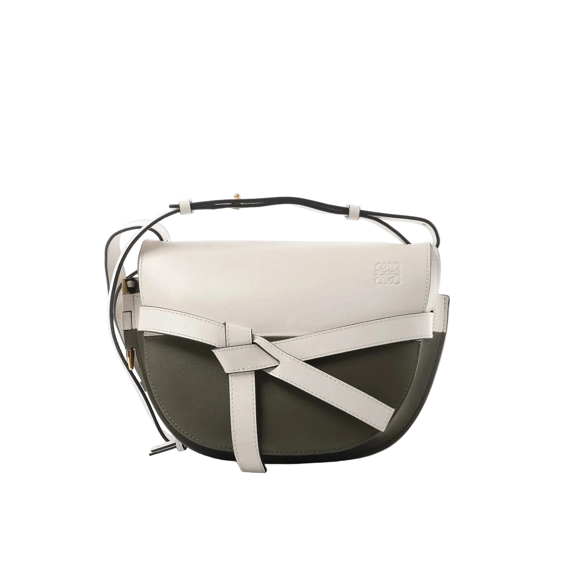 LOEWE Gate Small crossbody bag in white and olive green leather with front knotted belt detail and shoulder strap on a white background.
