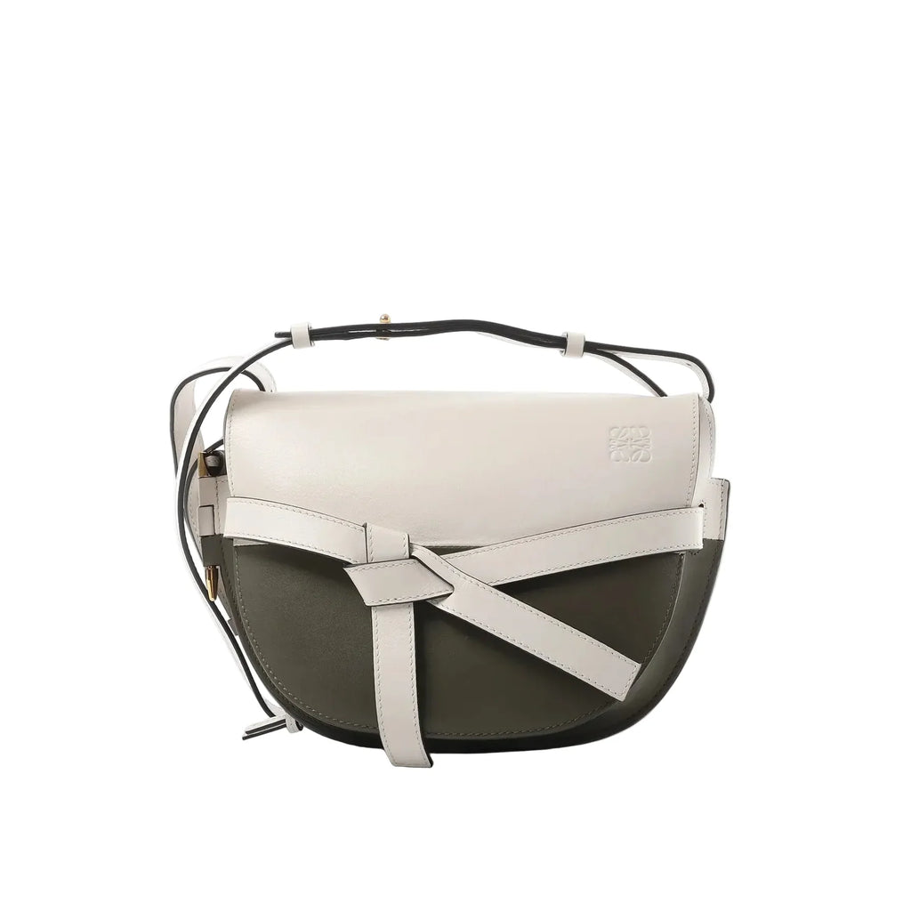 LOEWE Gate Small crossbody bag in white and olive green leather with front knotted belt detail and shoulder strap on a white background.
