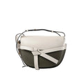 LOEWE Gate Small crossbody bag in white and olive green leather with front knotted belt detail and shoulder strap on a white background.