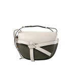 LOEWE Gate Small crossbody bag in white and olive green leather with front knotted belt detail and shoulder strap on a white background.