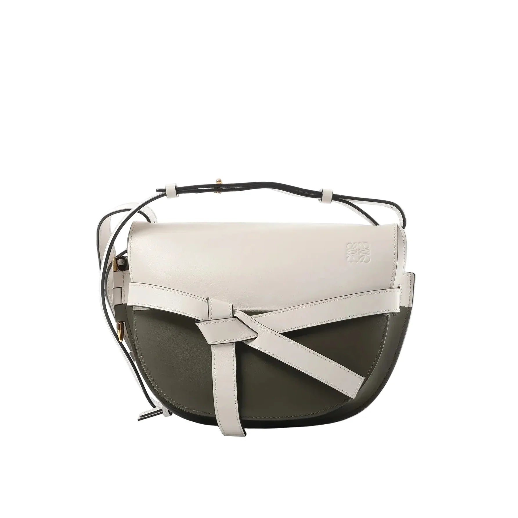 LOEWE Gate Small crossbody bag in white and olive green leather with front knotted belt detail and shoulder strap on a white background.