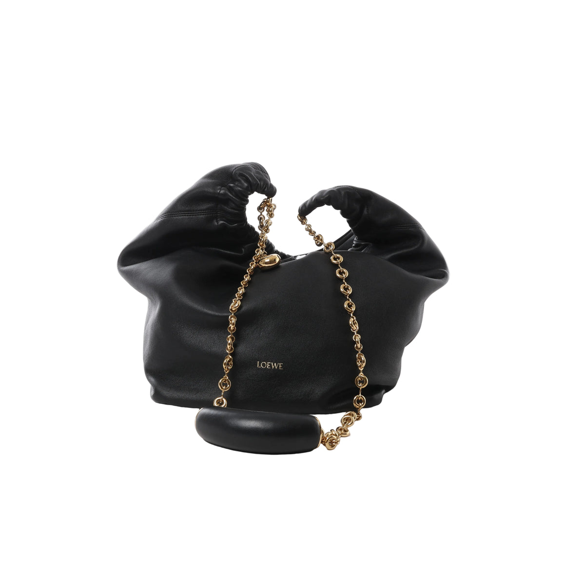 Black LOEWE Squishy Bag in smooth leather with gathered handles, gold-tone chain shoulder strap and small gold LOEWE logo.
