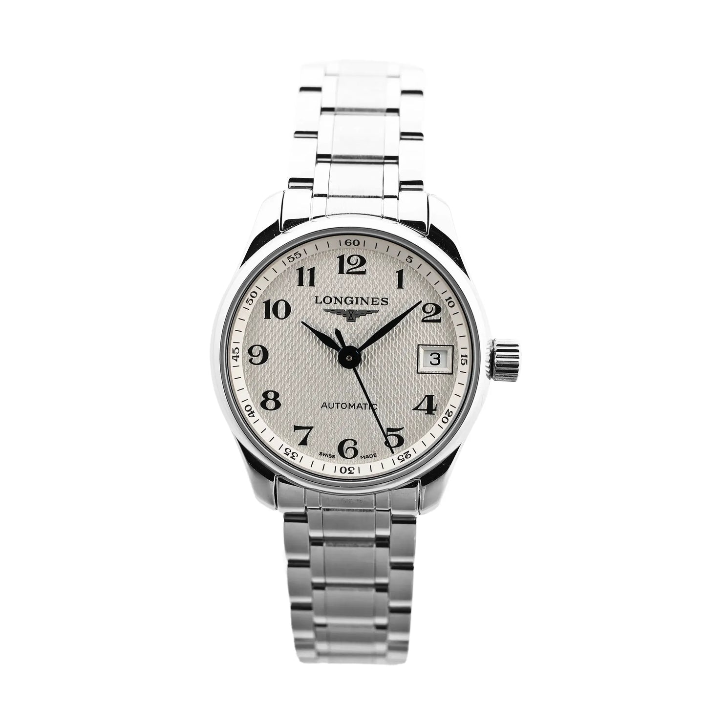 Longines Master Collection L2.128.4.78.6 automatic watch with silver guilloché dial, black Arabic numerals, date window at 3 o'clock, and stainless steel bracelet, shown on a white background.