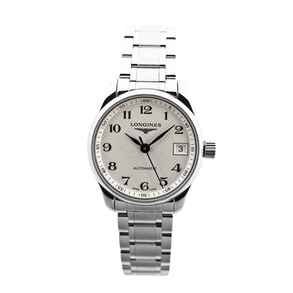 Longines Master Collection L2.128.4.78.6 automatic watch with silver guilloché dial, black Arabic numerals, date window at 3 o'clock, and stainless steel bracelet, shown on a white background.