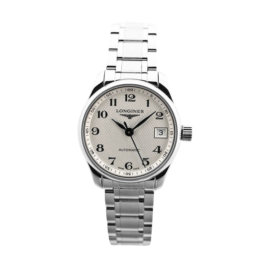 Longines Master Collection L2.128.4.78.6 automatic watch with silver guilloché dial, black Arabic numerals, date window at 3 o'clock, and stainless steel bracelet, shown on a white background.