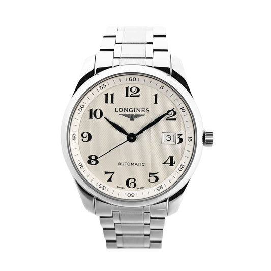 Longines Master Collection L2.793.4 automatic watch with beige textured dial, black Arabic numerals, date window at 3 o'clock, and stainless steel bracelet, displayed on a white background.