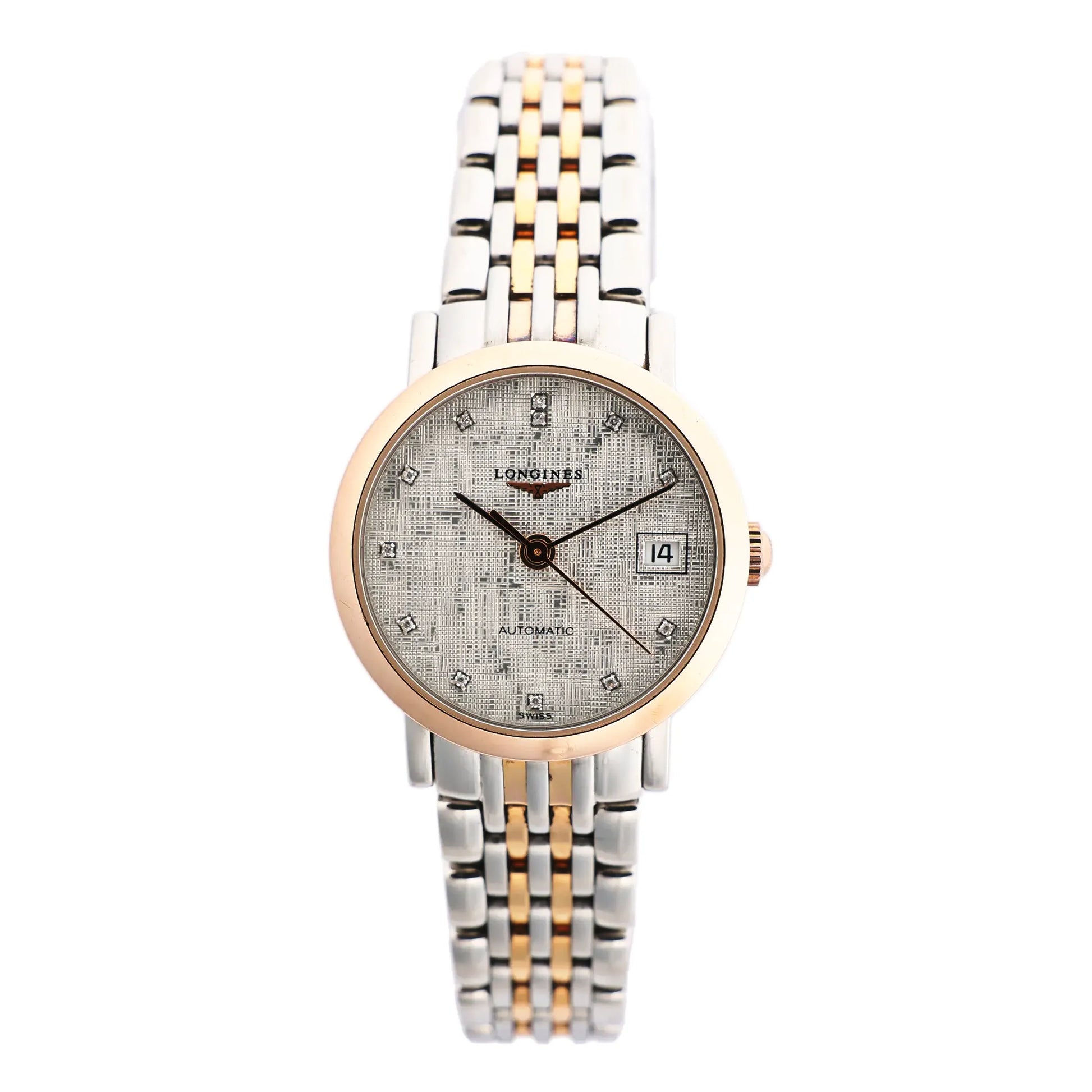 Longines Elegant L4.309.5 automatic watch featuring a silver textured dial with diamond hour markers, gold-plated bezel, date window at 3 o'clock, and two-tone stainless steel bracelet.