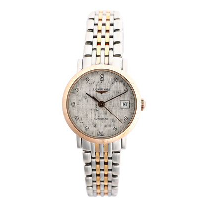 Longines Elegant L4.309.5 automatic watch featuring a silver textured dial with diamond hour markers, gold-plated bezel, date window at 3 o'clock, and two-tone stainless steel bracelet.