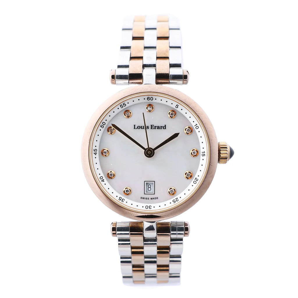 Louis Erard Romance 10800AB24.BMA26 quartz watch with white dial, crystal hour markers, rose gold-tone bezel, date window and two-tone stainless steel bracelet.