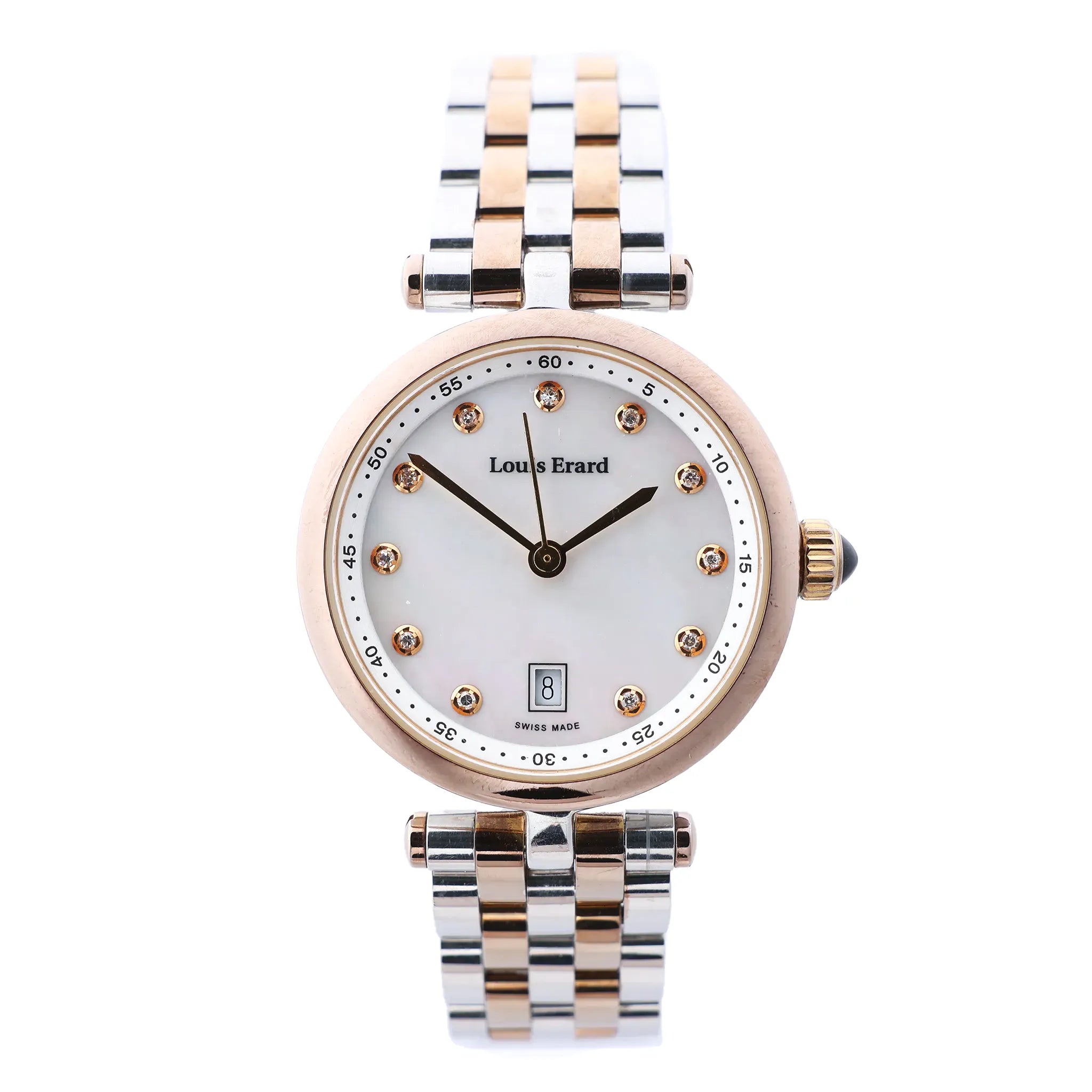 Louis Erard Romance 10800AB24.BMA26 quartz watch with white dial, crystal hour markers, rose gold-tone bezel, date window and two-tone stainless steel bracelet.