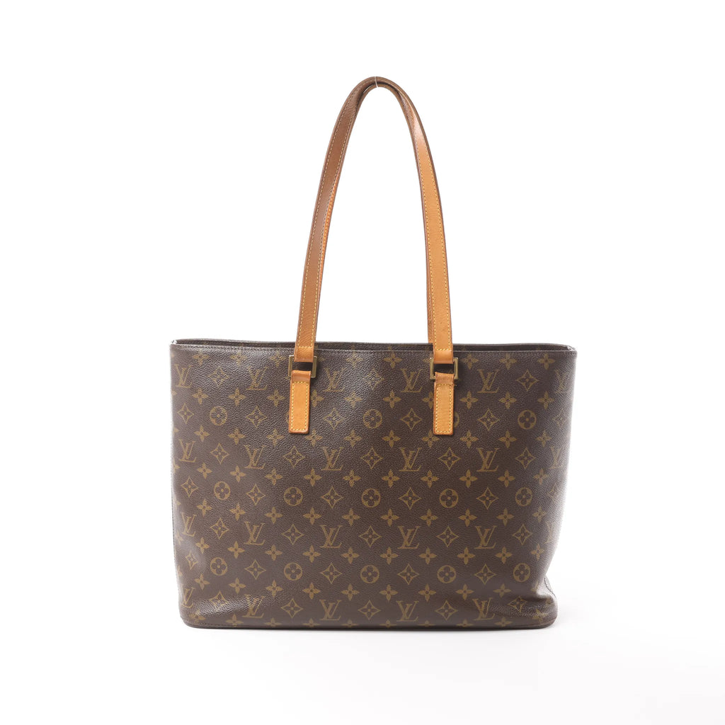 Louis Vuitton Luco Monogram canvas shoulder bag with long vachetta leather straps and slim rectangular tote shape.