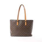 Louis Vuitton Luco Monogram canvas shoulder bag with long vachetta leather straps and slim rectangular tote shape.