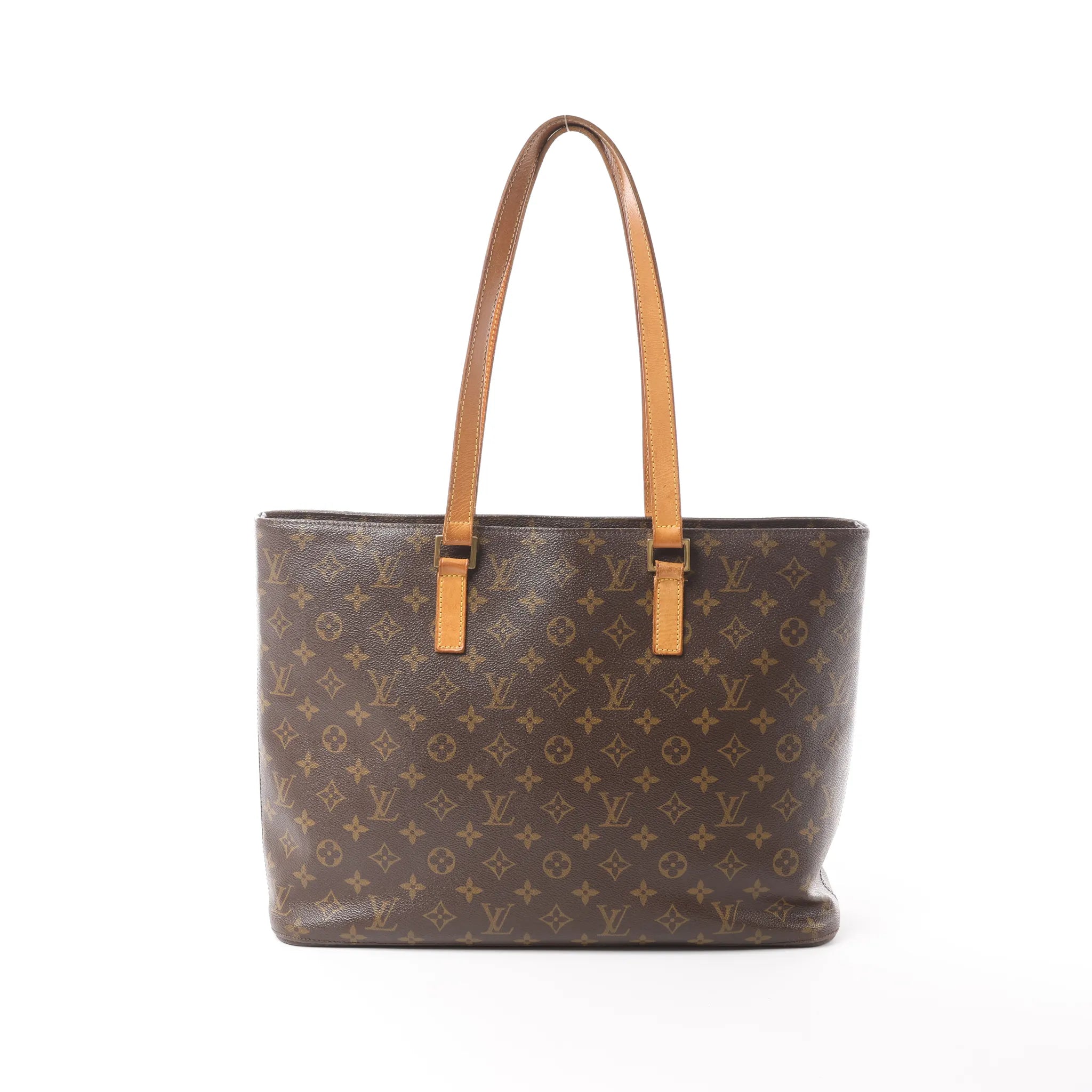 Louis Vuitton Luco Monogram canvas shoulder bag with long vachetta leather straps and slim rectangular tote shape.