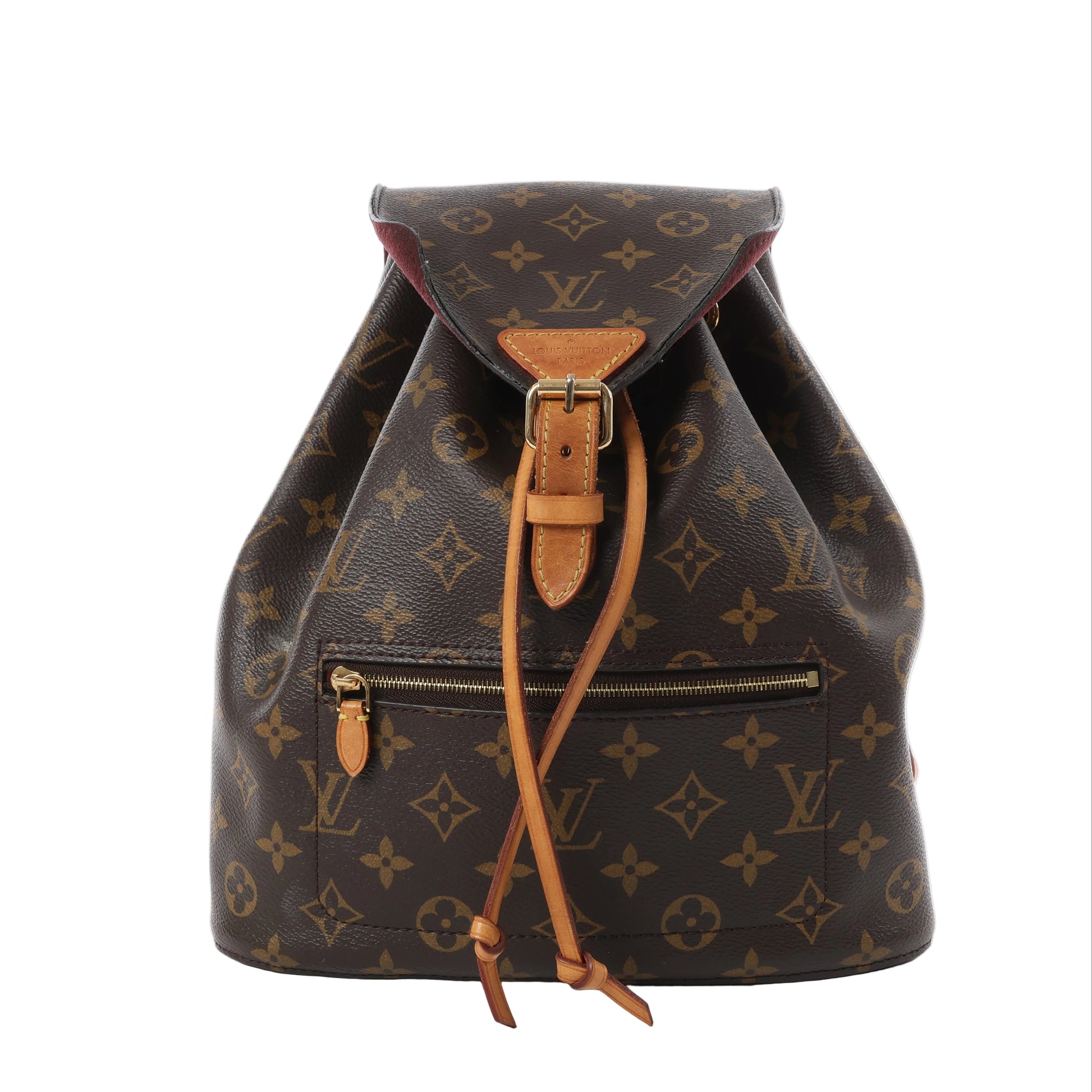 Louis Vuitton Monsley M43431 brown Monogram canvas backpack with natural leather trim, front zipper pocket, drawstring closure, and top flap buckle.