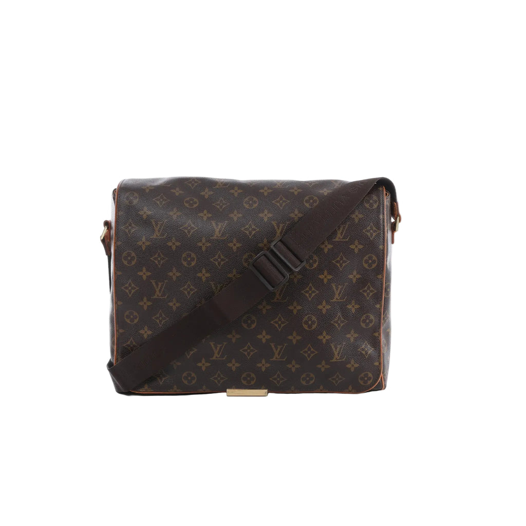 Louis Vuitton Abbesses messenger crossbody bag in brown Monogram canvas with front flap, adjustable dark brown shoulder strap and gold-tone hardware.