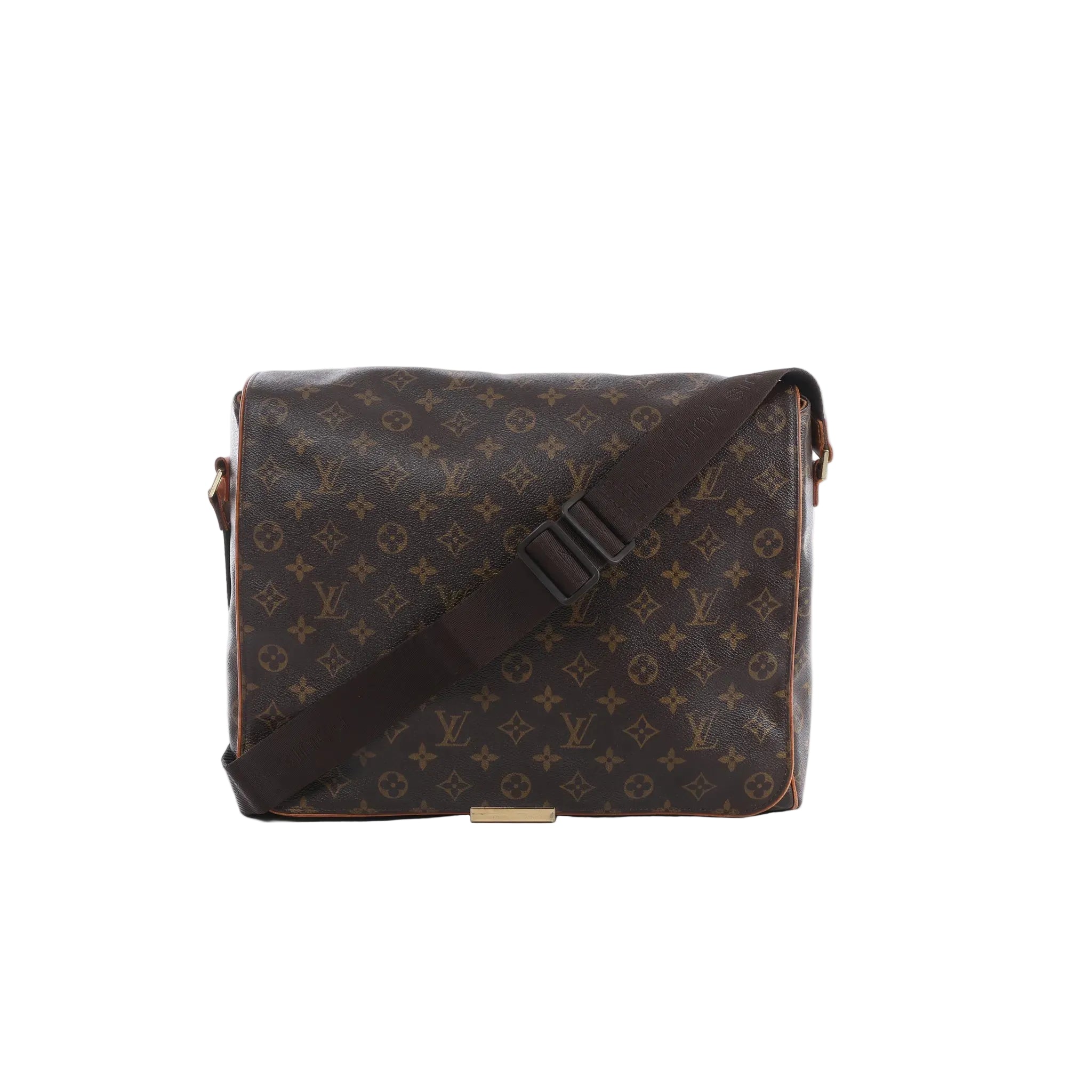 Louis Vuitton Abbesses messenger crossbody bag in brown Monogram canvas with front flap, adjustable dark brown shoulder strap and gold-tone hardware.