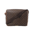 Louis Vuitton Monogram canvas Abbesses messenger bag with wide adjustable brown shoulder strap and vachetta trim on white background.