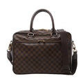 Brown Louis Vuitton Damier Ebene 2-way bag with dark leather top handles, wide shoulder strap, front zip pocket and gold-tone hardware.