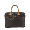 Louis Vuitton Agal handbag in brown Monogram canvas with tan vachetta leather top handles, gold-tone zip hardware, and front zip compartment on white background.