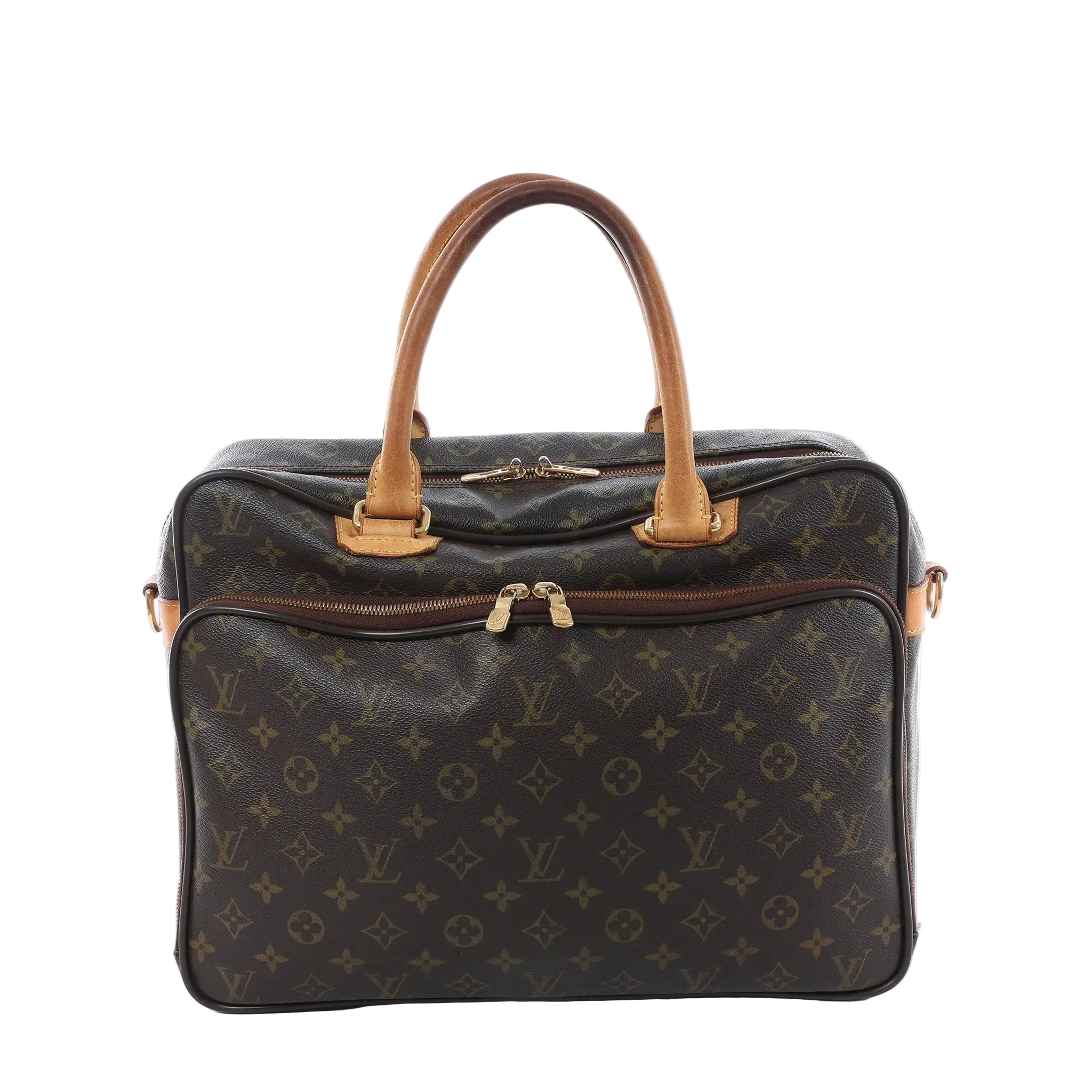 Louis Vuitton Agal handbag in brown Monogram canvas with tan vachetta leather top handles, gold-tone zip hardware, and front zip compartment on white background.